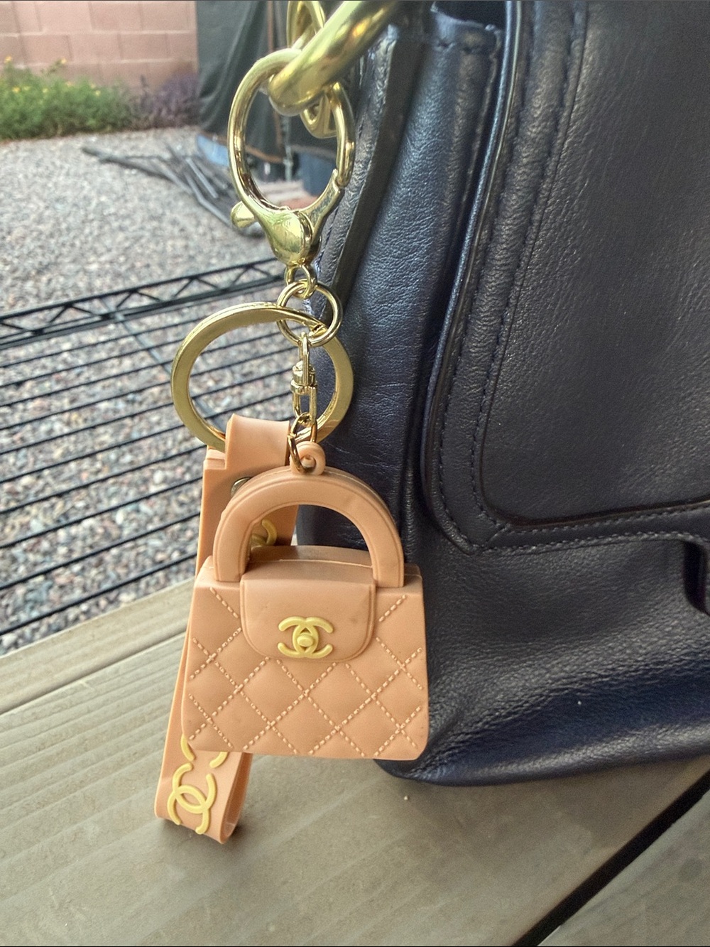 Peach Quilted Mini Bag Key Charm with Gold Hardware